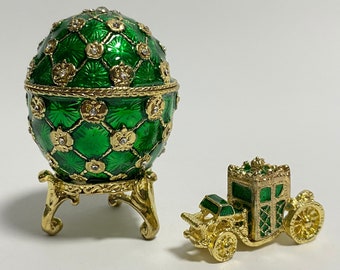Decorative Faberge Egg Jewelry Box with Carriage Enamel with Swarovski Crystals 3.8 inch (9.5 cm)
