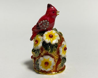 Collectible Thimble, Bird Figurine, Enamel Metal Thimble with Swarovski Crystals, Seamstress Gift
