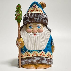 Hand Carved Wooden Santa Claus Figurine, Wood Carving Father Frost, Ukrainian Christmas Decor 4.8 inch (12 cm)
