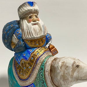Hand Carved Santa Claus on Polar Bear, Wooden Santa Figurine, Wood Carving Sculpture, Ukrainian Christmas Decor 9.6 inch (24 cm)