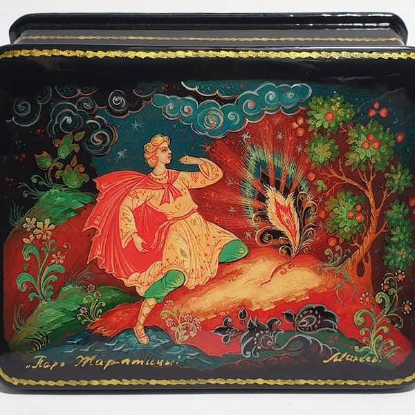 Boîte en laque Fedoskino Jewlery Box Jewerly Box Feather Firebird Fairy Tale Painting