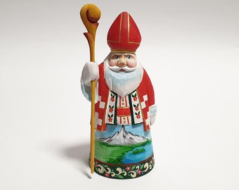 Santa Claus Figurine St Nicholas Folk Art Santa Wood Carved Doll 6 inch (15 cm)