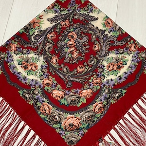Ukrainian Scarf with Fringe, Babushka Piano Shawl, Slavic Square Head Scarf, Folk Floral Fabric