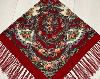 Ukrainian Scarf with Fringe, Babushka Piano Shawl, Slavic Square Head Scarf, Folk Floral Fabric