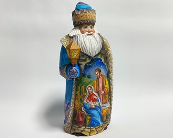 Hand Carved Santa Claus Figurine, Wooden Santa Figure, Ukrainian Wood Carving Sculpture, Nativity Scene 12.4 inch (31 cm)