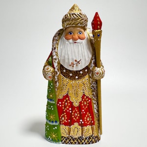 Hand Carved Wooden Santa Claus Figurine, Wood Carving Father Frost, Ukrainian Christmas Decor 7 inch (18 cm)