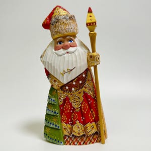 Hand Carved Wooden Santa Claus Figurine, Wood Carving Father Frost, Ukrainian Christmas Decor 7.6 inch (19 cm)