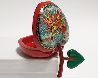 Red Apple Lacquer Box Palekh Jewlery Box Lacquer Painting Miniature Soviet Jewelry Casket Box Home Decor