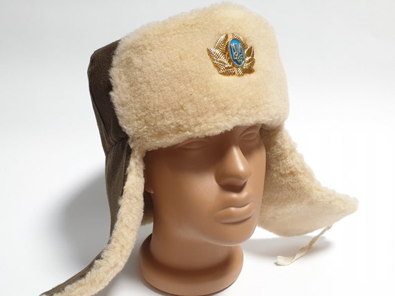 Ukrainian Ushanka Trapper Hat, Winter Ear Flap Hat, Faux Fur Hat, Ukraine  Trident Cockade Pin 