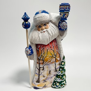 Hand Carved Wooden Santa Claus Figurine, Wood Carving Father Frost, Ukrainian Christmas Decor 9.2 inch (23 cm)