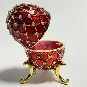 Red Decorative Faberge Egg Jewelry Box, Enamel Metal Trinket Box with Swarovski Crystals 4 inch 10 cm image 5