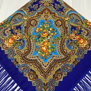 Ukrainian Scarf with Fringe, Babushka Piano Shawl, Slavic Square Head Scarf, Folk Floral Fabric