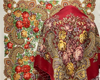 Ukrainian Scarf with Fringe, Babushka Piano Shawl, Slavic Square Head Scarf, Folk Floral Fabric