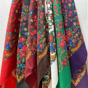 Ukrainian Kokum Scarf, Babushka Shawl, Slavic Square Head Scarf, Folk Floral Fabric