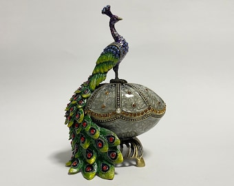 Faberge Egg Jewelry Box Bird Trinket Box Peacock Figurine Enamel Metal Box with Swarovski Crystals 6.2 inch (15.5 cm)