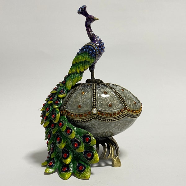 Faberge Egg Jewelry Box Bird Trinket Box Peacock Figurine Enamel Metal Box with Swarovski Crystals