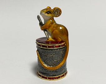 Collectible Thimble, Enamel Metal Thimble with Swarovski Crystals, Mouse Figurine, Seamstress Gift