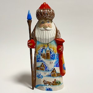 Hand Carved Wooden Santa Claus Figurine, Wood Carving Father Frost, Ukrainian Christmas Decor 7.6 inch (19 cm)