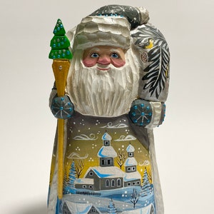 Hand Carved Wooden Santa Claus Figurine, Wood Carving Father Frost, Ukrainian Christmas Decor 7.6 inch (19 cm)