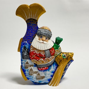 Hand Carved Santa Claus on Fish, Wooden Santa Figurine, Wood Carving Animal, Ukrainian Christmas Decor 7.6 inch (19 cm)