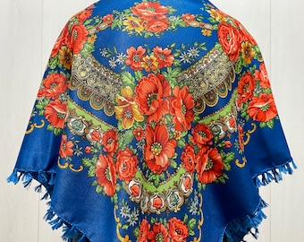 Ukrainian Scarf with Fringe, Babushka Piano Shawl, Slavic Square Head Scarf, Folk Floral Fabric