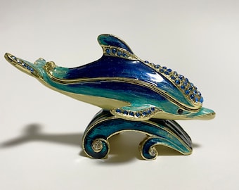 Decorative Jewelry Box Dolphin Figurine Enamel Metal Trinket Box with Swarovski Crystals