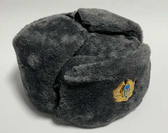 Ukrainian Ushanka Trapper Hat, Winter Ear Flap Hat, Faux Fur Hat, Ukraine Trident Cockade Pin