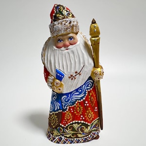 Hand Carved Wooden Santa Claus Figurine, Wood Carving Father Frost, Ukrainian Christmas Decor 7.4 inch (18.5 cm)