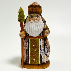 Hand Carved Wooden Santa Claus Figurine, Wood Carving Father Frost, Ukrainian Christmas Decor 6 inch (15 cm)