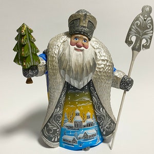 Hand Carved Wooden Santa Claus Figurine, Wood Carving Father Frost, Ukrainian Christmas Decor 9.2 inch (23 cm)