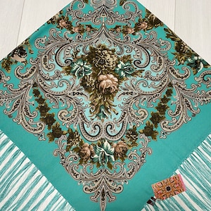 Ukrainian Scarf with Fringe, Babushka Piano Shawl, Slavic Square Head Scarf, Folk Floral Fabric