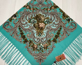 Ukrainian Scarf with Fringe, Babushka Piano Shawl, Slavic Square Head Scarf, Folk Floral Fabric