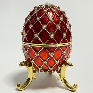 Red Decorative Faberge Egg Jewelry Box, Enamel Metal Trinket Box with Swarovski Crystals 4 inch 10 cm image 1