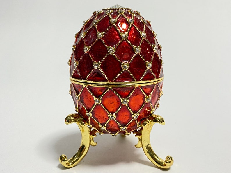 Red Decorative Faberge Egg Jewelry Box, Enamel Metal Trinket Box with Swarovski Crystals 4 inch 10 cm image 1
