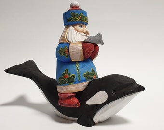 Wooden Santa Claus on Orca Hand Carved Santa Figurine 6.4 inch (16 cm)