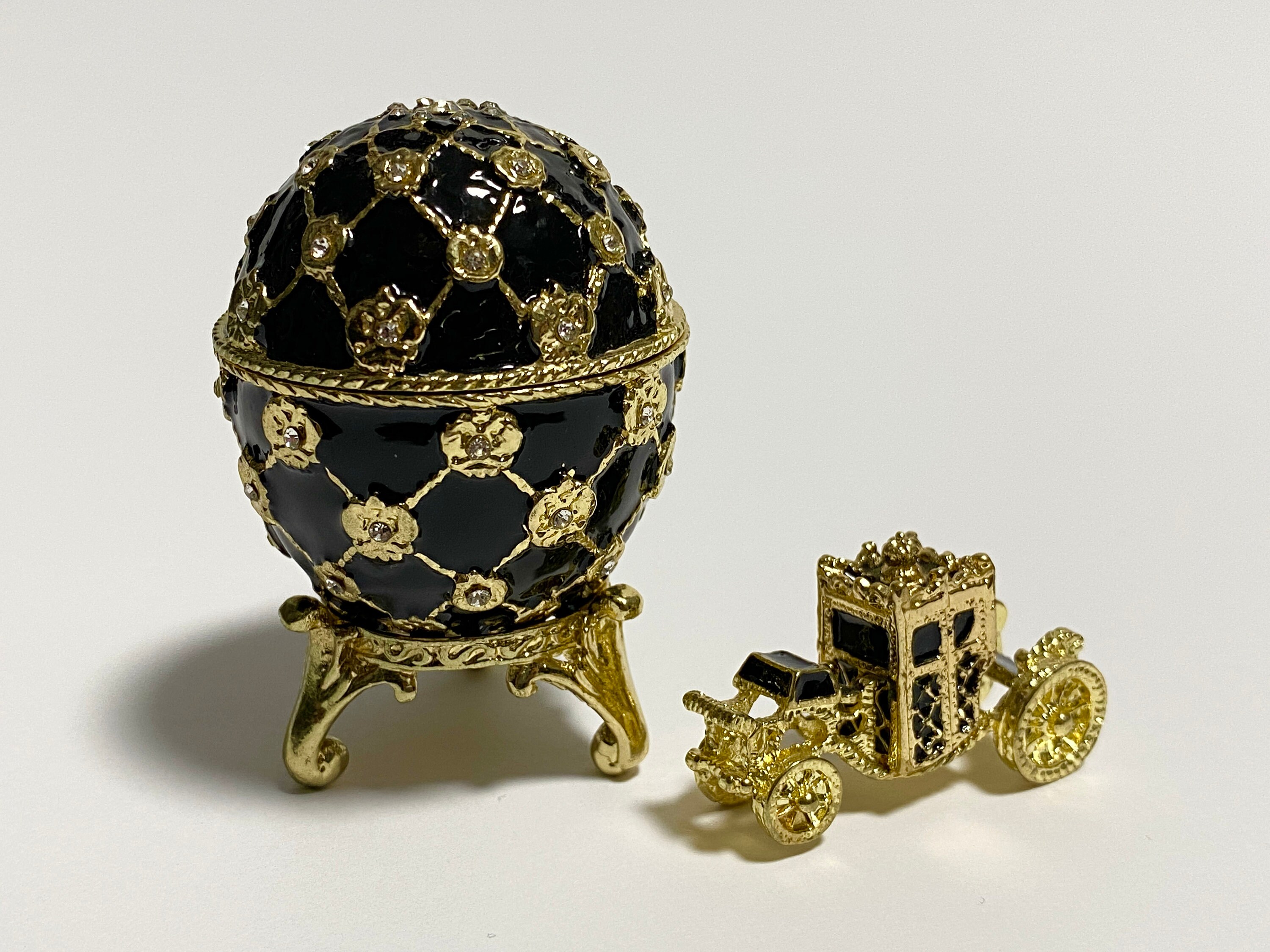 Decorative Faberge Egg Jewelry Box with Carriage Enamel with Swarovski Crystals 2.2 inch (5.5 cm)