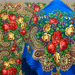 Ukrainian Scarf with Fringe, Babushka Piano Shawl, Slavic Square Head Scarf, Folk Floral Fabric