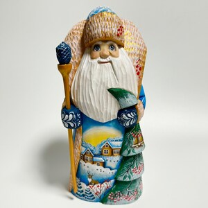 Hand Carved Wooden Santa Claus Figurine, Wood Carving Father Frost, Ukrainian Christmas Decor 9 inch (22.5 cm)