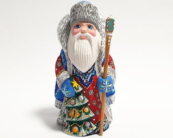Carved Wooden Santa Claus Doll Ukrainian Ded Moroz Acrilic Painting 5.5 inch (14 cm)