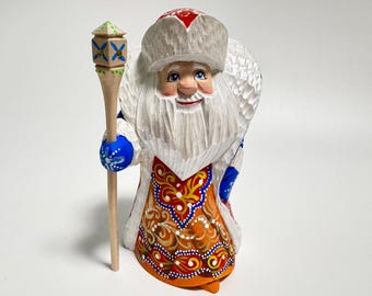 Hand Carved Wooden Santa Claus Figurine, Wood Carving Father Frost, Ukrainian Christmas Decor 5.6 inch (14 cm)