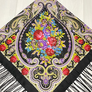 Ukrainian Scarf with Fringe, Babushka Piano Shawl, Slavic Square Head Scarf, Folk Floral Fabric