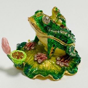 Animal Jewelry Box, Frog Figurine, Enamel Metal Trinket Box with Swarovski Crystals 2 inch (5 cm)