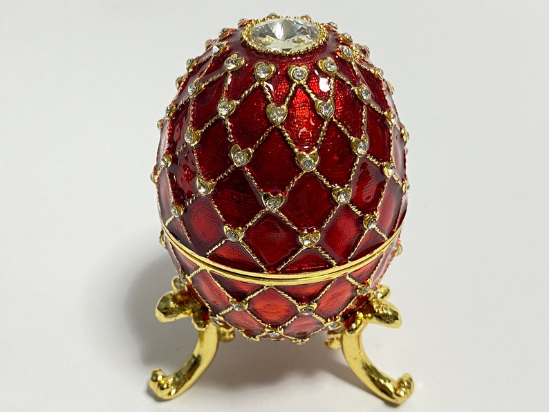 Red Decorative Faberge Egg Jewelry Box, Enamel Metal Trinket Box with Swarovski Crystals 4 inch 10 cm image 2