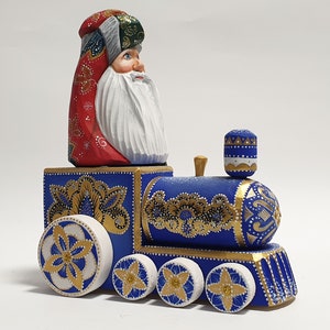 Hand Carved Wooden Santa Claus Figurine on Train, Wood Carved Santa Figure, Father Frost 7.2 inch (18 cm)