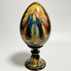 Ukrainian Wooden Easter Egg on Stand, Hand Painted Orthodox Icon, Religious Gift 10 inch (25 cm)