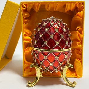 Red Decorative Faberge Egg Jewelry Box, Enamel Metal Trinket Box with Swarovski Crystals 4 inch 10 cm image 7