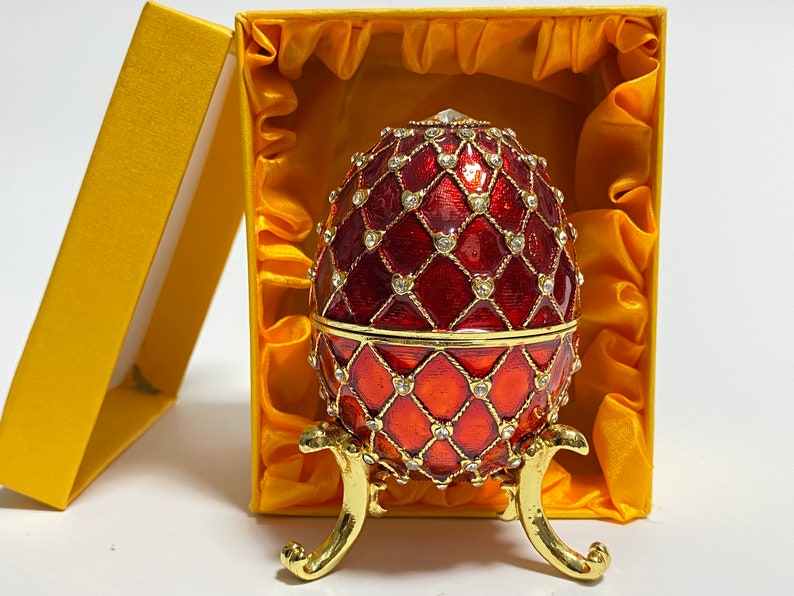 Red Decorative Faberge Egg Jewelry Box, Enamel Metal Trinket Box with Swarovski Crystals 4 inch 10 cm image 7