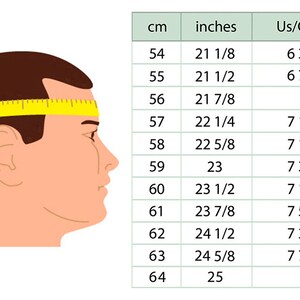 May include: A chart showing head circumference measurements in centimetres and inches, along with corresponding US/Canada hat sizes. The chart includes measurements from 54 cm to 64 cm, with corresponding inch measurements and hat sizes.