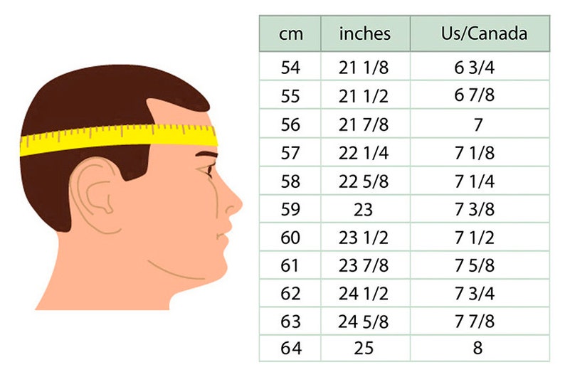 May include: A chart showing head circumference measurements in centimetres and inches, along with corresponding US/Canada hat sizes. The chart includes measurements from 54 cm to 64 cm, with corresponding inch measurements and hat sizes.