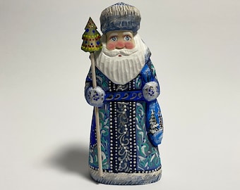 Wooden Ukrainian Santa Figure Father Christmas Figurine Folk Art Santa Wood Carving 6 inch (15 cm)